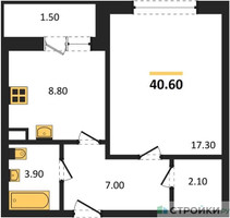 Планировка однокомнатной(квартира) площадью 40.6 квадратных метров в “ЖК Малиново”