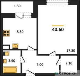 Планировка однокомнатной(квартира) площадью 40.6 квадратных метров в ЖК “ЖК Малиново”