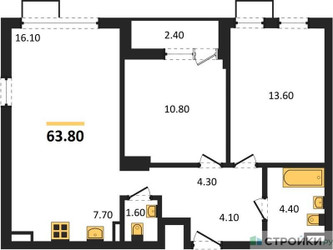 Планировка двухкомнатной(квартира) площадью 63.8 квадратных метров в ЖК “ЖК Прокшино”