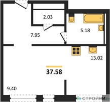 Планировка студии(квартира) площадью 37.58 квадратных метров в “ЖК Новое Внуково”