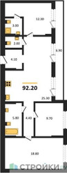 Планировка трехкомнатной(квартира) площадью 92.2 квадратных метров в ЖК “ЖК Первый квартал”