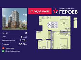 Планировка двухкомнатной(квартира) площадью 33.9 квадратных метров в “ЖК Героев”