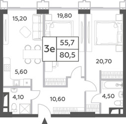 Планировка трехкомнатной(квартира) площадью 80.5 квадратных метров в ЖК “ЖК Will Towers (Вилл Тауэрс)”