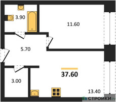 Планировка однокомнатной(квартира) площадью 37.6 квадратных метров в “ЖК Portland (Портланд)”