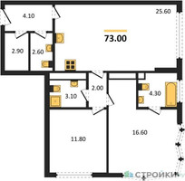 Планировка двухкомнатной(квартира) площадью 73 квадратных метров в “ЖК АЛИА”