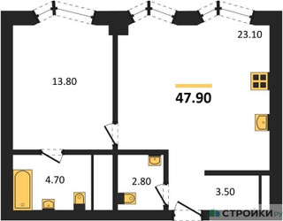 Планировка однокомнатной(квартира) площадью 47.9 квадратных метров в ЖК “ICE TOWERS (Айс Тауэрс)”
