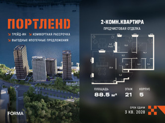 Планировка двухкомнатной(квартира) площадью 88.5 квадратных метров в ЖК “ЖК Портленд”