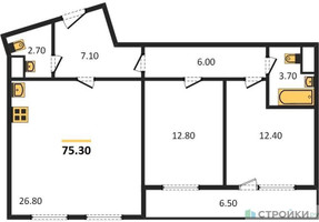 Планировка двухкомнатной(квартира) площадью 75.3 квадратных метров в “ЖК Карамельный”