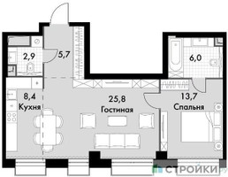 Планировка однокомнатной(квартира) площадью 62.5 квадратных метров в “ЖК Sydney City (Сидней Сити)”