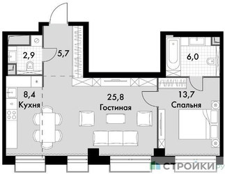 Планировка однокомнатной(квартира) площадью 62.5 квадратных метров в ЖК “ЖК Sydney City (Сидней Сити)”