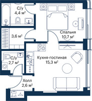 Планировка однокомнатной(квартира) площадью 39.24 квадратных метров в “ЖК Сити Бэй”