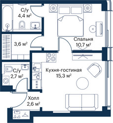 Планировка однокомнатной(квартира) площадью 39.24 квадратных метров в ЖК “ЖК Сити Бэй”