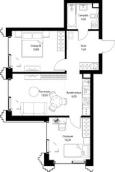 Планировка двухкомнатной(квартира) площадью 54.8 квадратных метров в ЖК “ЖК СЕТ”