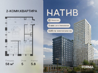 Планировка двухкомнатной(квартира) площадью 58 квадратных метров в ЖК “ЖК Натив”