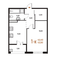 Планировка однокомнатной(квартира) площадью 43.9 квадратных метров в “ЖК Новое Летово”