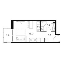 Планировка студии(апартаменты) площадью 26 квадратных метров в ЖК “Апарт-комплекс Аквилон Сигнал”