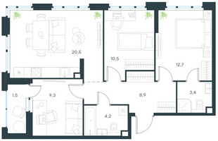 Планировка трехкомнатной(квартира) площадью 71 квадратных метров в “ЖК Level Лесной”
