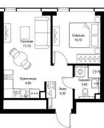 Планировка однокомнатной(квартира) площадью 33.7 квадратных метров в ЖК “Мультиквартал СИТИДЗЕН”