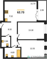 Планировка двухкомнатной(квартира) площадью 62.73 квадратных метров в “ЖК Дюна”