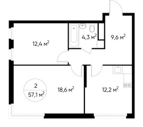 Планировка двухкомнатной(квартира) площадью 57.1 квадратных метров в ЖК “ЖК Переделкино Ближнее”