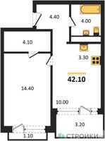 Планировка однокомнатной(квартира) площадью 43.7 квадратных метров в “ЖК Новая Щербинка”