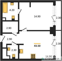 Планировка однокомнатной(квартира) площадью 43.5 квадратных метров в ЖК “ЖК СТОУН Грэйн”