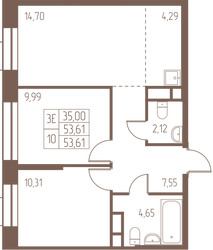 Планировка трехкомнатной(квартира) площадью 53.6 квадратных метров в ЖК “ЖК Западная Ивантеевка”