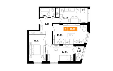Планировка трехкомнатной(квартира) площадью 80.7 квадратных метров в ЖК “ЖК Планерный Квартал”