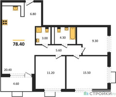 Планировка трехкомнатной(квартира) площадью 78.4 квадратных метров в “ЖК Бунинские кварталы”