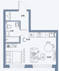 Планировка студии(квартира) площадью 31.41 квадратных метров в ЖК “ЖК Страна.Парковая”
