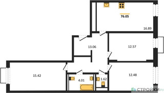 Планировка трехкомнатной(квартира) площадью 76.05 квадратных метров в “ЖК Квартал Строгино”