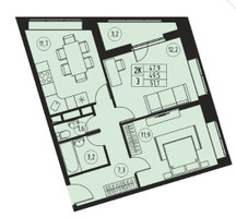 Планировка двухкомнатной(квартира) площадью 49.5 квадратных метров в “ЖК River Park”