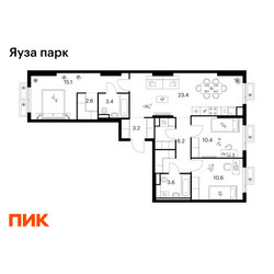 Планировка трехкомнатной(квартира) площадью 81.4 квадратных метров в ЖК “ЖК Яуза Парк (Мытищи)”