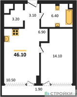 Планировка однокомнатной(квартира) площадью 45.7 квадратных метров в “ЖК River Park Кутузовский (Ривер Парк Тауэрс)”