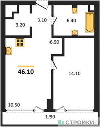 Планировка однокомнатной(квартира) площадью 45.7 квадратных метров в ЖК “ЖК River Park Кутузовский (Ривер Парк Тауэрс)”