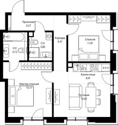 Планировка двухкомнатной(квартира) площадью 60.99 квадратных метров в ЖК “Дом премиум-класса МИРА”