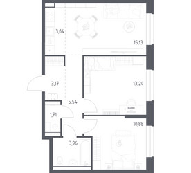 Планировка двухкомнатной(квартира) площадью 57.27 квадратных метров в ЖК “ЖК Пригород Лесное”