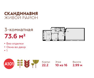 Планировка трехкомнатной(квартира) площадью 73.6 квадратных метров в ЖК “ЖК Скандинавия”