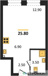 Планировка студии(квартира) площадью 25.8 квадратных метров в ЖК “ЖК Skolkovo ONE (Сколково Уан)”