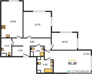 Планировка трехкомнатной(квартира) площадью 91.2 квадратных метров в ЖК “ЖК Sydney City (Сидней Сити)”