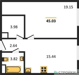 Планировка однокомнатной(квартира) площадью 45.5 квадратных метров в ЖК “Квартал Foriver”