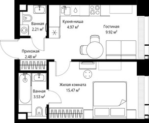 Планировка однокомнатной(квартира) площадью 38.58 квадратных метров в ЖК “ЖК Веер”