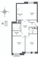 Планировка трехкомнатной(квартира) площадью 71.1 квадратных метров в “ЖК КИНОКВАРТАЛ”