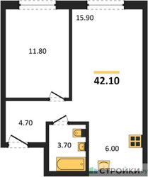 Планировка однокомнатной(квартира) площадью 42.1 квадратных метров в ЖК “ЖК Новый Зеленоград”