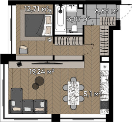 Планировка однокомнатной(квартира) площадью 47.6 квадратных метров в ЖК “ЖК Квартал Серебряный бор”