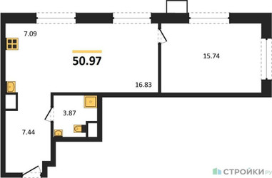 Планировка однокомнатной(квартира) площадью 50.97 квадратных метров в ЖК “ЖК EvoPark Сокольники”