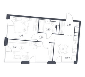 Планировка двухкомнатной(квартира) площадью 49.4 квадратных метров в ЖК “ЖК Квартал на воде (Графика на воде)”