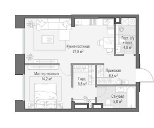 Планировка однокомнатной(квартира) площадью 67 квадратных метров в ЖК “Клубный квартал "Фрунзенская набережная"”