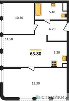 Планировка двухкомнатной(квартира) площадью 65 квадратных метров в “ЖК STONE Sokolniki (Сокольники)”