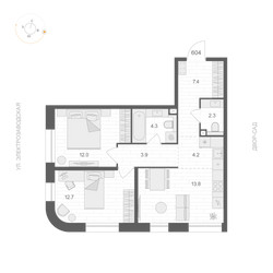 Планировка двухкомнатной(апартаменты) площадью 60.6 квадратных метров в ЖК “ЖК ARTEL (Артель)”